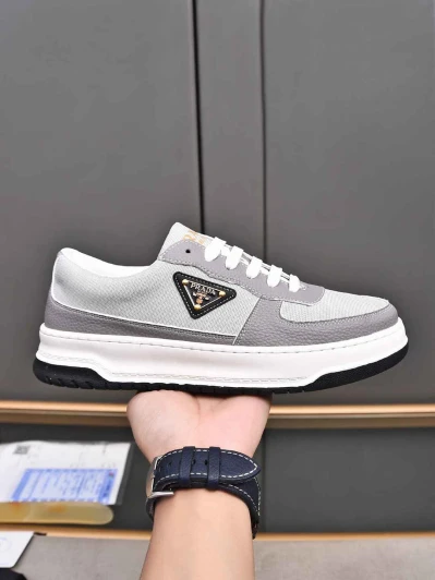 Prada Sneakers Grey Leather Textile Logo Detail
