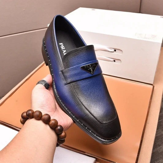 Prada Men's Loafers Blue Textured Leather Metal Triangle Logo