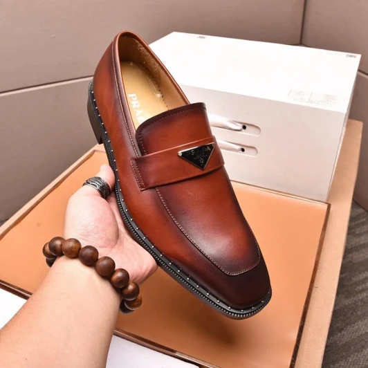 Prada Men's Brown Leather Loafers With Silver Triangle Logo