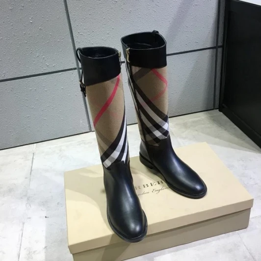 Burberry Boots Black Leather Plaid Shaft