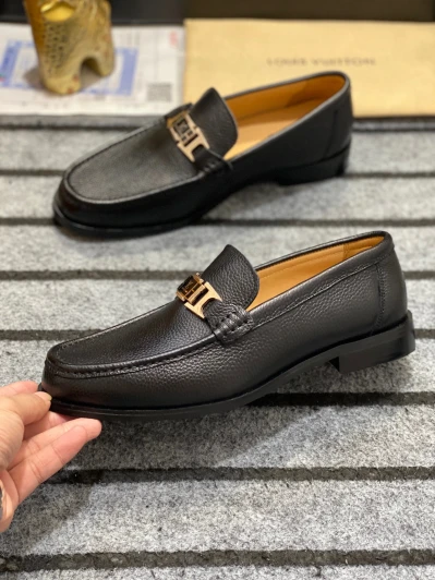 Louis Vuitton Loafers Black Leather Gold Buckle