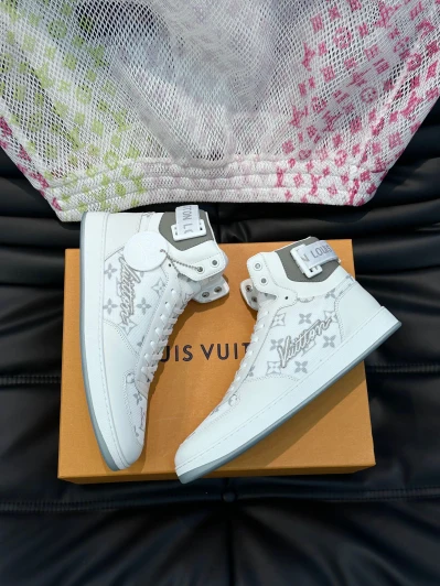 Louis Vuitton High-Top Sneakers White Canvas Leather Monogram Print