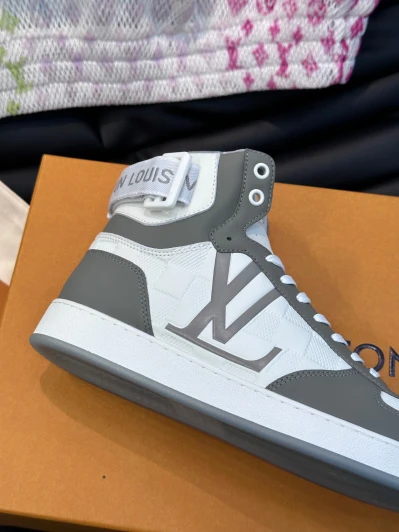 Louis Vuitton High-Top Sneakers White Grey Leather Damier Pattern