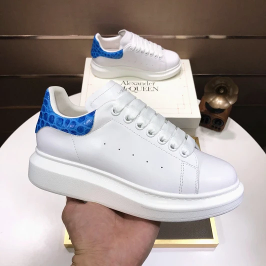 Alexander McQueen White Leather Sneakers Blue Crocodile Heel