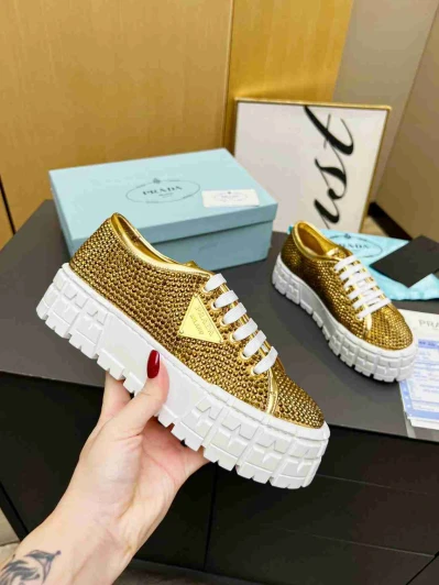 Prada Sneakers Gold Studded Platform Lace-Up