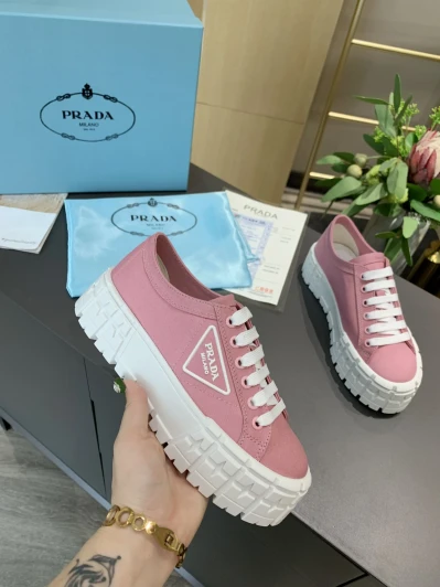 Prada Pink Canvas Platform Sneakers With White Soles