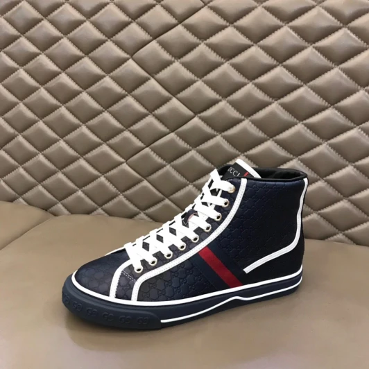 Gucci High-Top Sneakers Navy Leather GG Logo Stripe Detail