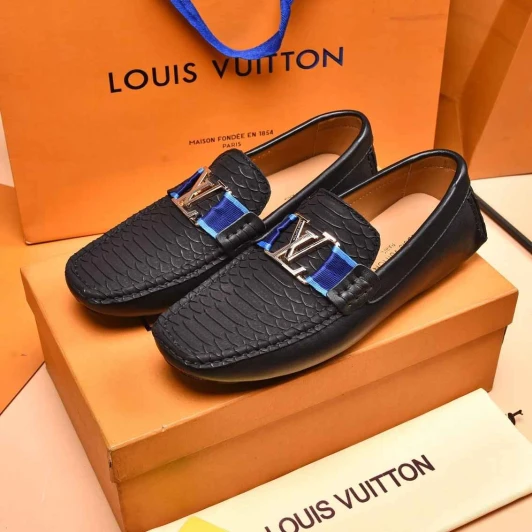 Louis Vuitton Loafers Black Leather Textured with Blue Stripe Detail