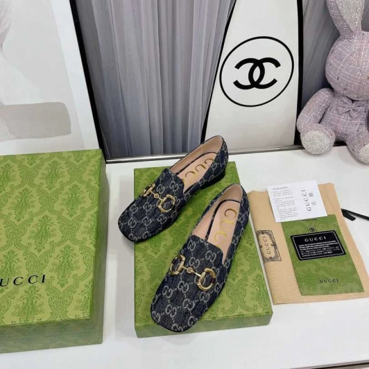 Gucci Loafers Blue Monogram Horsebit Detail Slip-On Shoes