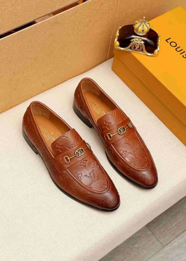 Louis Vuitton Loafers Brown Leather Embossed Detail