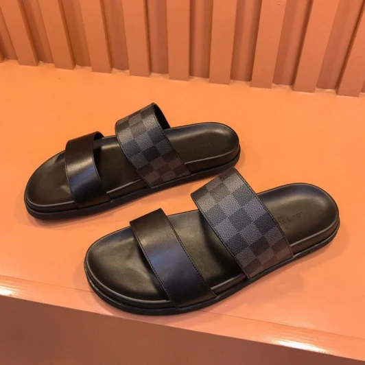 Louis Vuitton Men's Slides Black Damier Canvas Leather