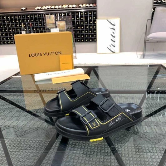 Louis Vuitton Sandals Black Gold Buckle Slides