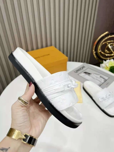 Louis Vuitton Slides White Embossed Monogram Chain Detail