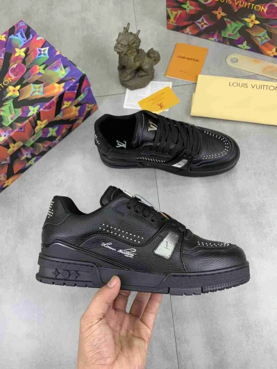 Louis Vuitton Sneakers Black Leather Studded Silver Accents