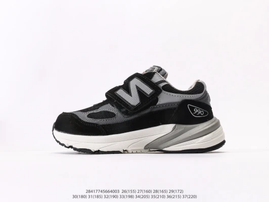 New Balance Kids 990 V4 Shoes Black Grey Suede Hook-and-Loop