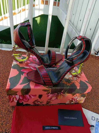 Dolce & Gabbana Heeled Sandals Red Black Snake Print Leather