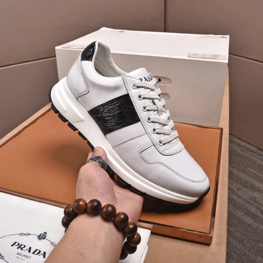 Prada White Leather Sneakers With Black Crocodile Detail