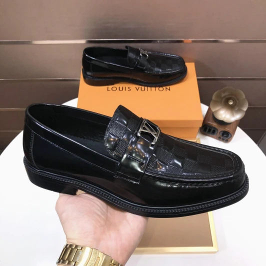 Louis Vuitton Loafers Black Leather Checkered Buckle 3