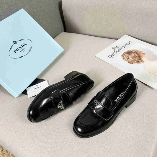Prada Loafers Black Patent Leather Distinctive Triangle Logo