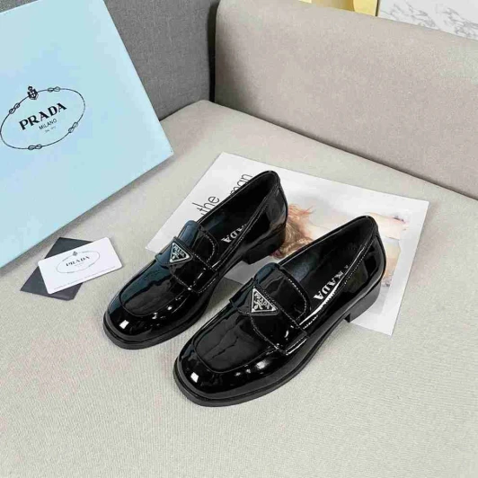 Prada Loafers Black Patent Leather Square Toe With Silver Logo