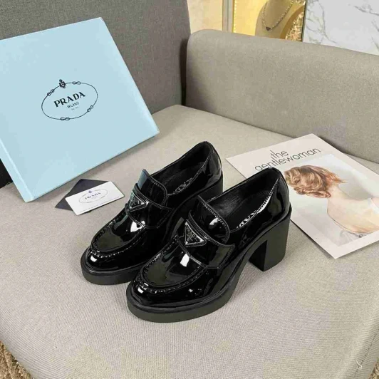 Prada Platform Loafers Black Patent Leather Chunky Heel