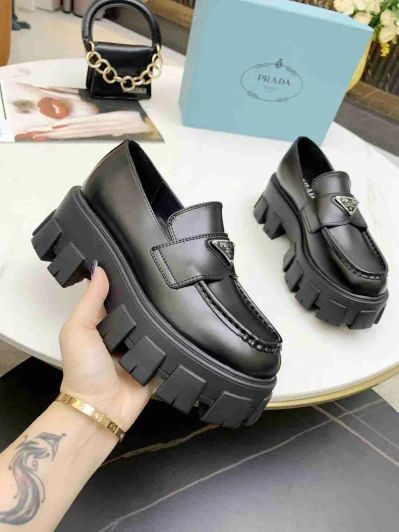 Prada Loafers Black Leather Chunky Platform Trifoil Logo