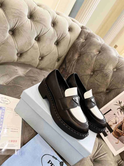 Prada Loafers Black White Leather Chunky Sole Triangle Logo