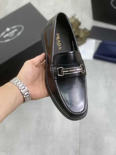 Prada Loafers Black Patent Leather Metal Buckle
