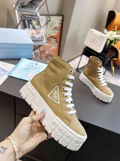 Prada High-Top Sneakers Tan Canvas Chunky Sole
