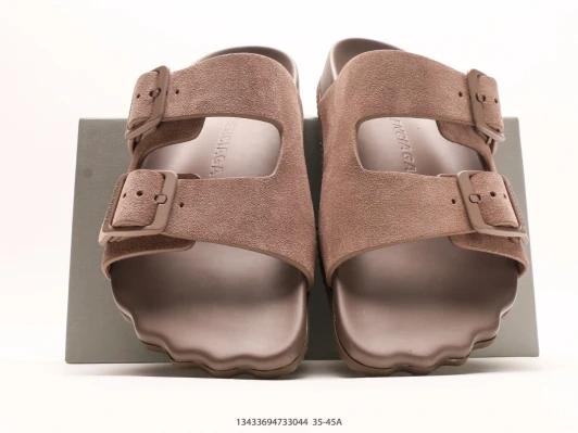 Balenciaga Slides Taupe Suede Double Buckle Sandals
