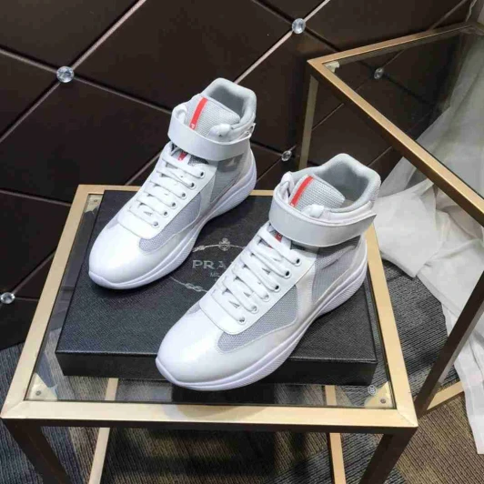 Prada High-Top Sneakers White Leather Mesh Strap