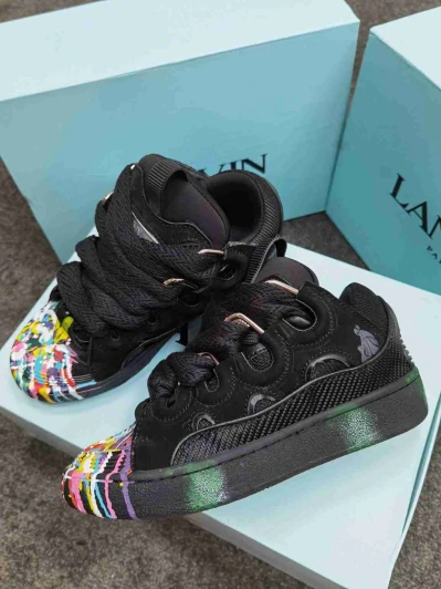 Lanvin Black Leather Low Top Sneakers With Graffiti Toe