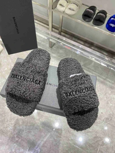 Balenciaga Shearling Slides Grey Embossed Logo
