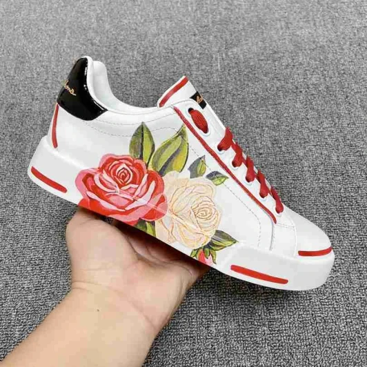 Dolce & Gabbana Leather Sneakers White Red Floral Print Lace-Up Trainers