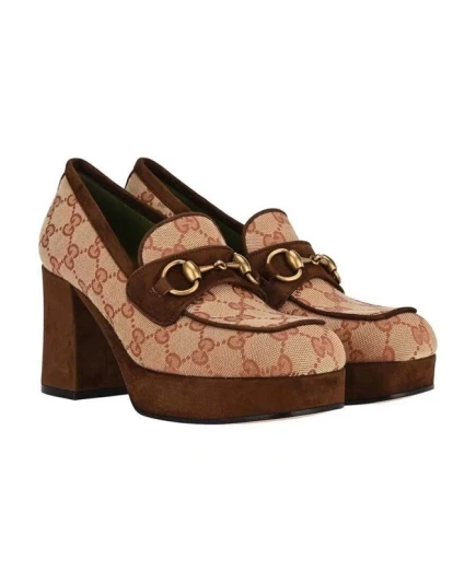 Gucci Loafers Brown GG Canvas Horsebit Platform Heels B427270