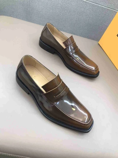Louis Vuitton Men's Brown Leather Loafers Square Toe Slip-On