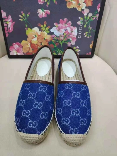 Gucci Espadrilles Blue Monogram Denim With Brown Trim