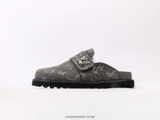 Louis Vuitton Clogs Grey Monogram Pattern Buckle Slip-On
