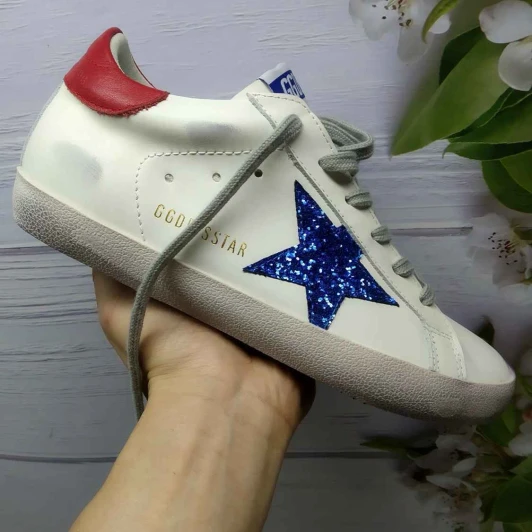 Golden Goose Sneakers White Leather Blue Glitter Star Red Heel