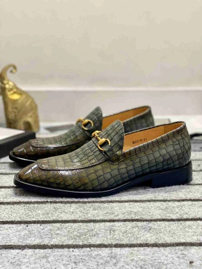 Men's Loafers Green Crocodile Leather Horsebit Buckle