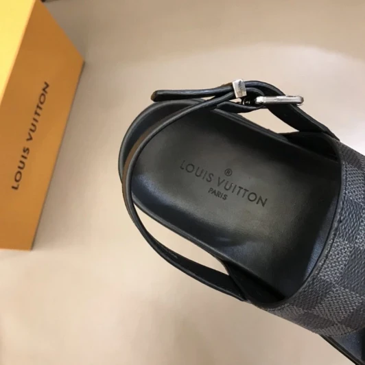 Louis Vuitton Sandals Black Monogram Leather Buckle Strap