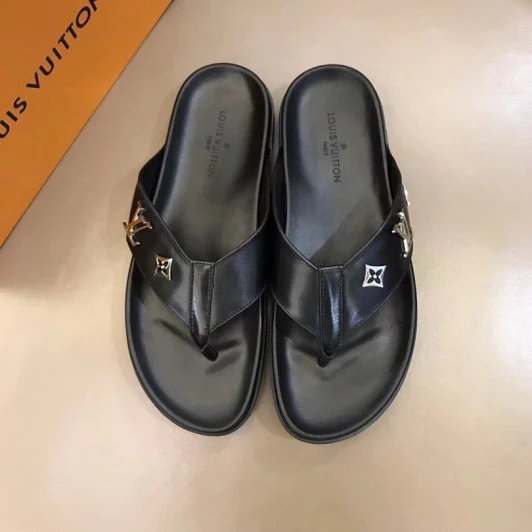 Louis Vuitton Flip Flops Black Leather Monogram Detail