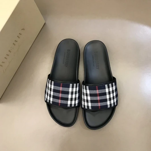 Burberry Slides Black Plaid Textile Open Toe