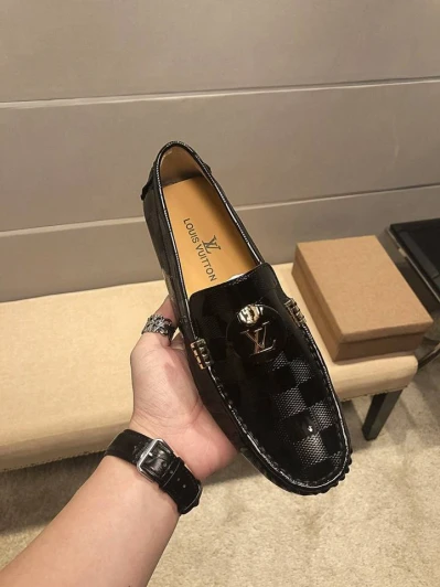 Louis Vuitton Loafers Black Patent Leather Checkered Embossed
