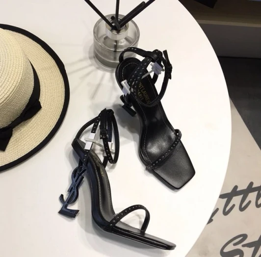 Saint Laurent Black Leather Studded YSL Logo Heel Sandals
