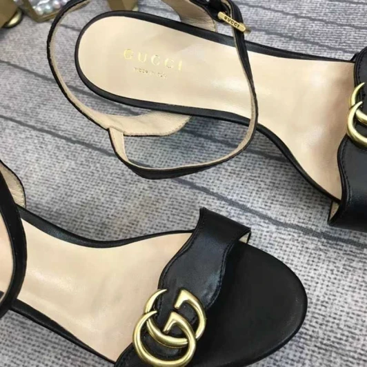 Gucci Sandals Black Leather Double G Buckle Platform High Heel