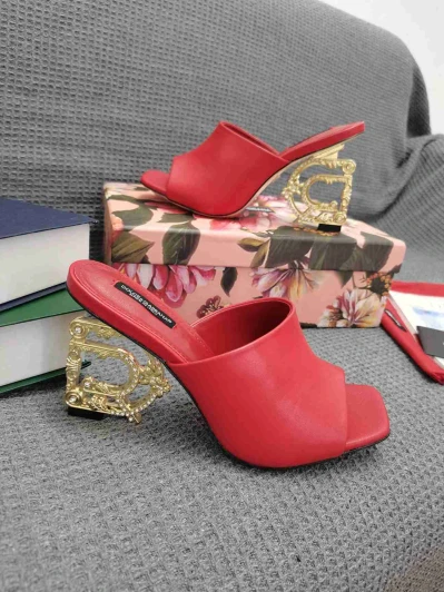 Dolce & Gabbana Red Leather Mules With Gold DG Heel