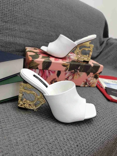 Dolce & Gabbana White Leather Open Toe Mules Gold DG Heel
