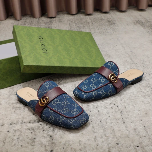 Gucci Mules Denim GG Pattern Burgundy Leather Trim Gold Hardware