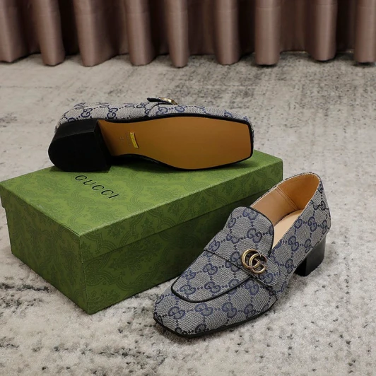 Gucci Loafers Blue Monogram Canvas Low Heel Buckle Detail